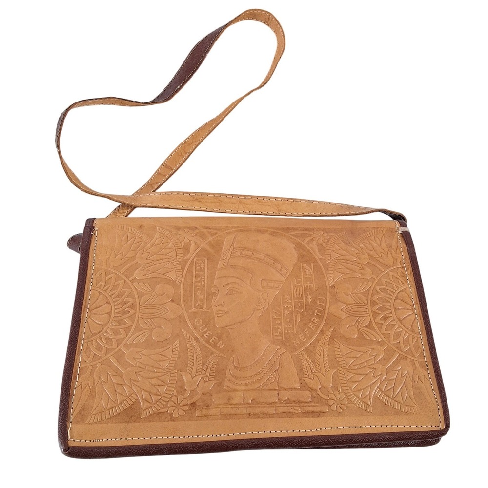 Vintage Tooled Leather Egyptian Queen Nefertiti Crossbody Bag Tan Brown Clutch
